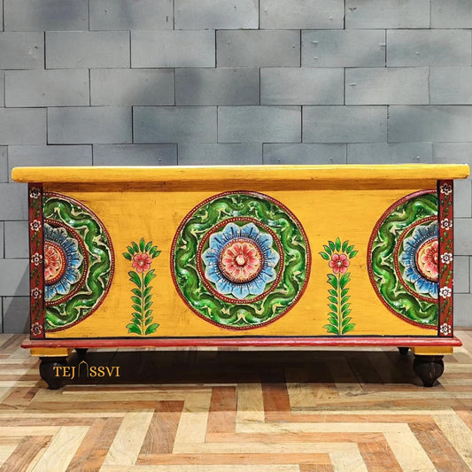 Wooden Cosmic Hand Carved Hand Painted Colourful Storage Trunk Table, Blanket Storage Unit, Bed Side Table, Carved Bench, Center Table.