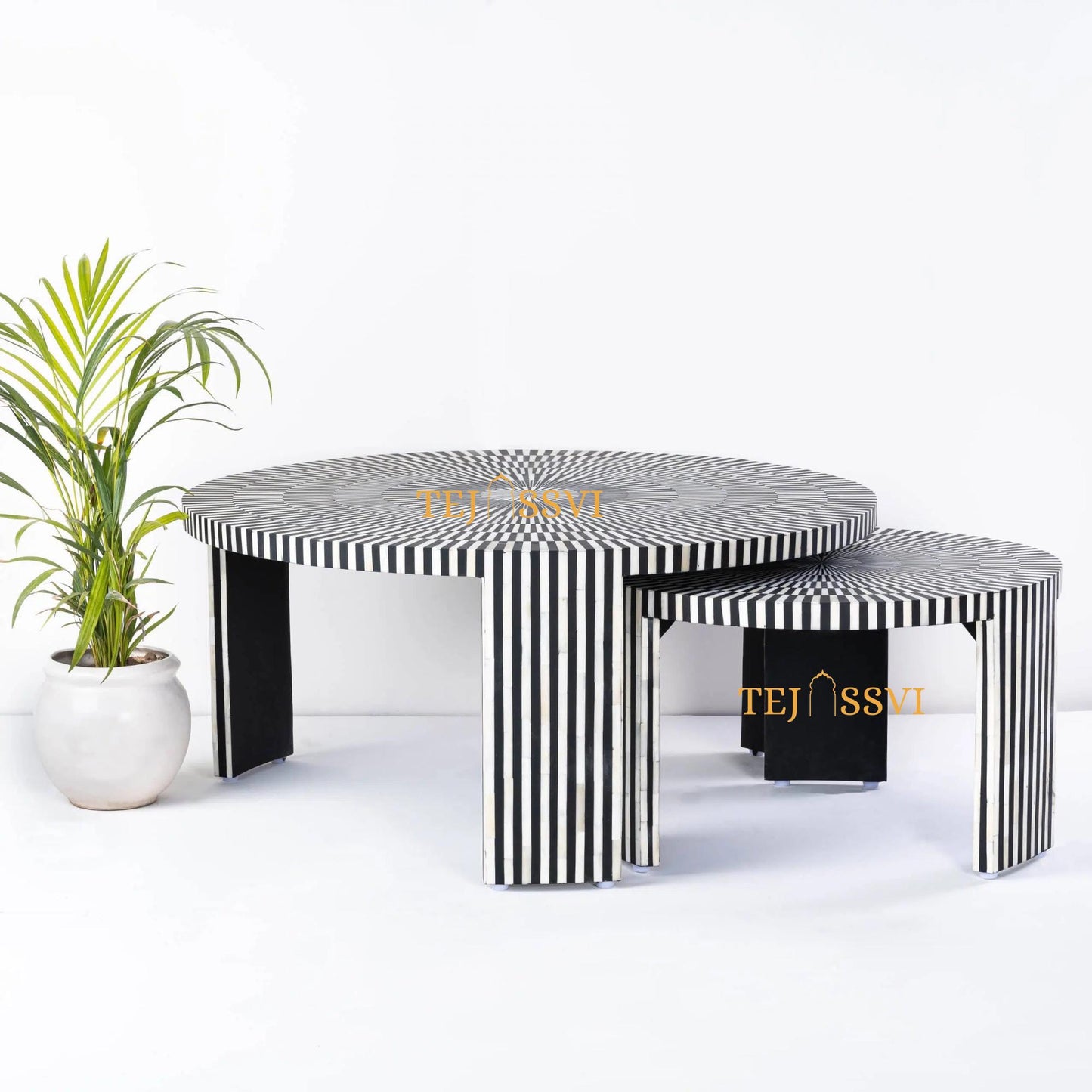 Stripped Design Round Coffee Table Set / Set of 2 Black Bone Inlay Tables / Decorative Round Bone Coffee Tables.