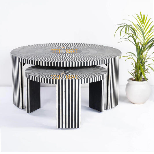 Stripped Design Round Coffee Table Set / Set of 2 Black Bone Inlay Tables / Decorative Round Bone Coffee Tables.