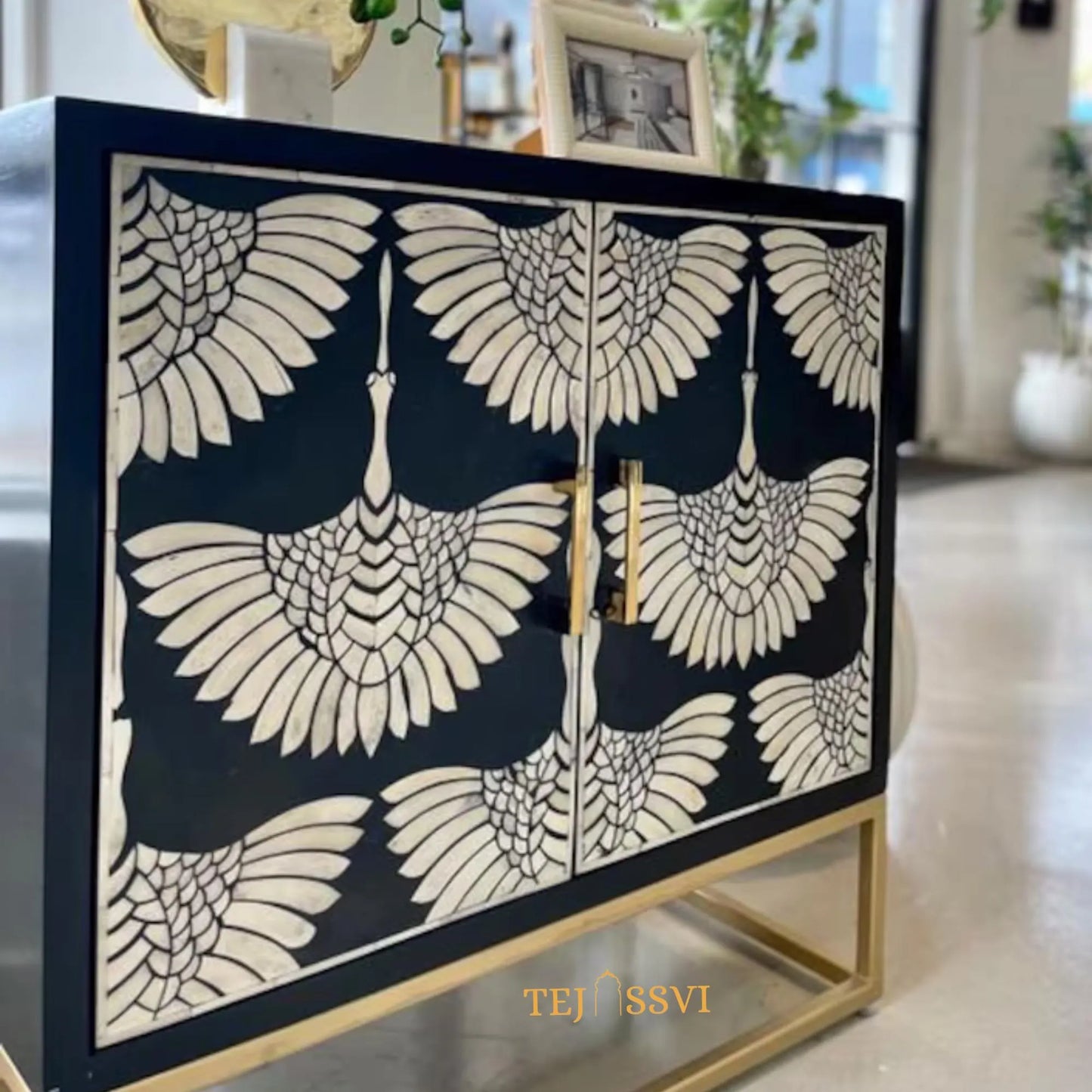 Bone Inlay Swan Cabinet: Navy Blue Indian Art Sideboard/ bone inlay side boards / bone inlay cabinet and console luxury furniture .
