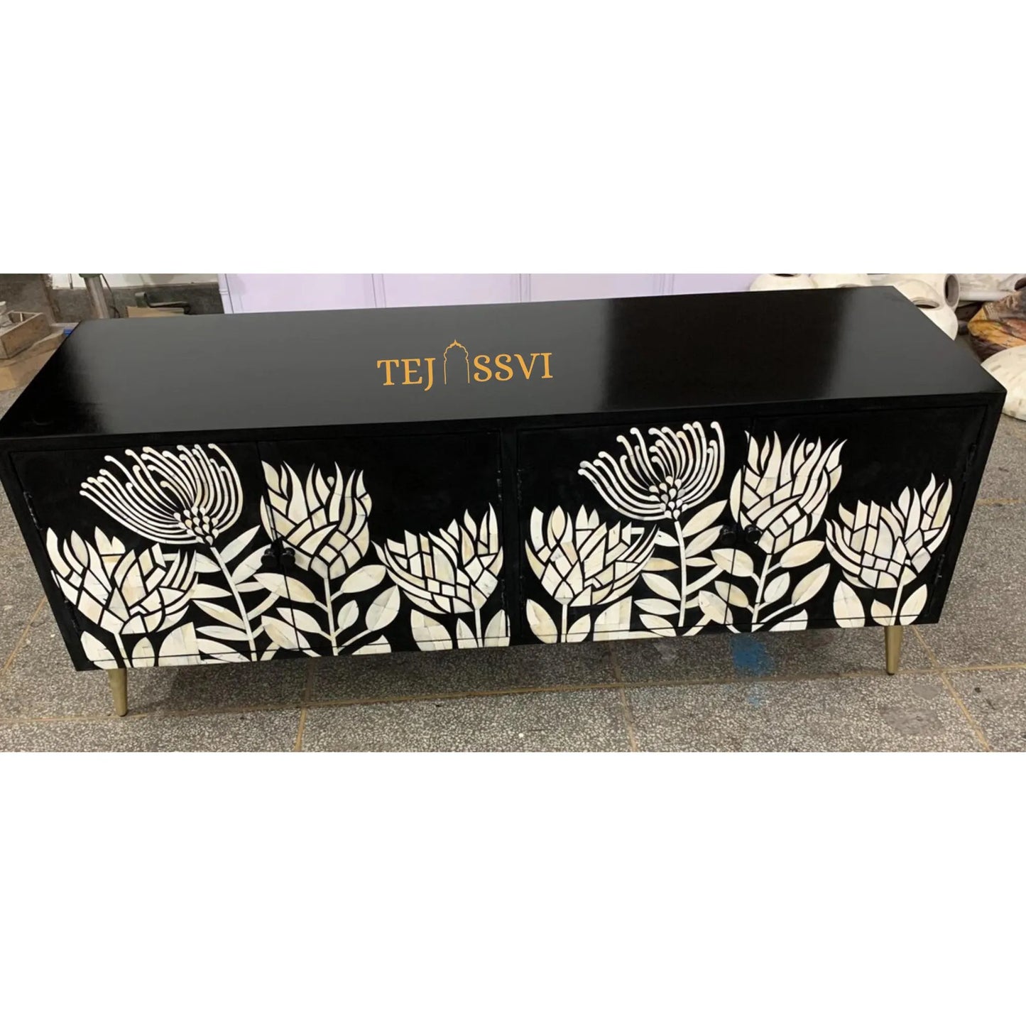 Handmade Bone Inlay Media Cabinet: Floral TV Stand with Storage/ bone inlay luxury furniture / bone inlay console /luxury cabinet .