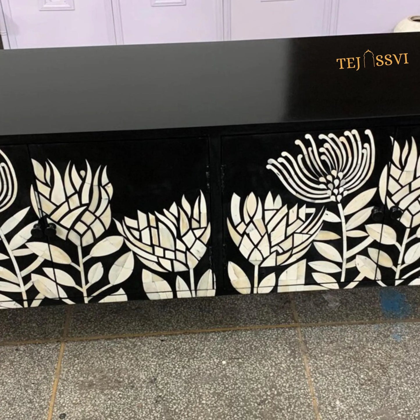 Handmade Bone Inlay Media Cabinet: Floral TV Stand with Storage/ bone inlay luxury furniture / bone inlay console /luxury cabinet .