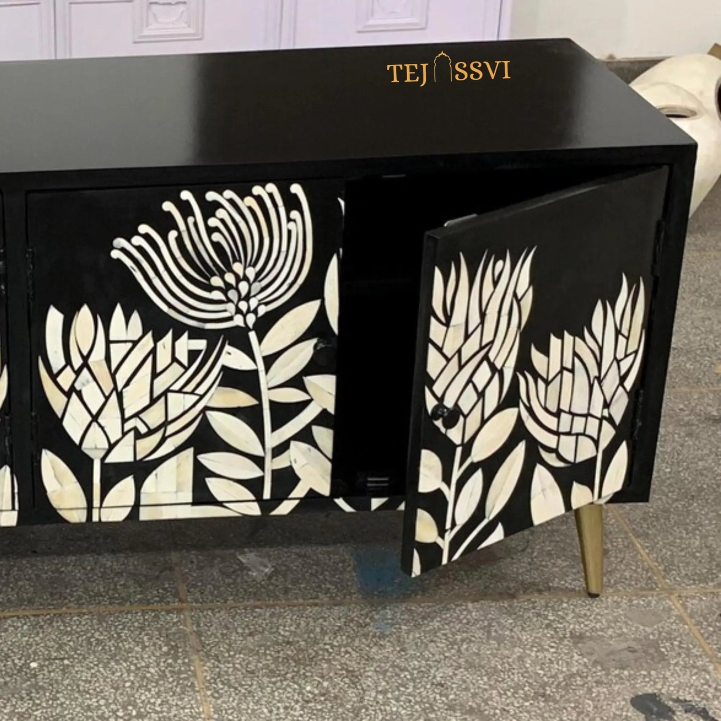 Handmade Bone Inlay Media Cabinet: Floral TV Stand with Storage/ bone inlay luxury furniture / bone inlay console /luxury cabinet .