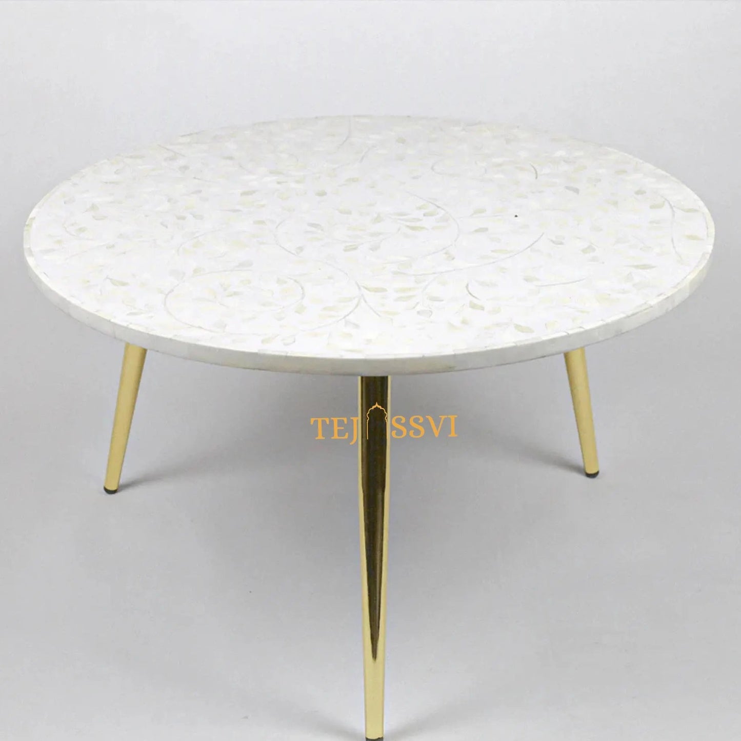 BONE Inlay Round Coffee Table / Centre Table, Bone Inlay Floral Round Coffee Table Handmade Bone Inlay Modern Pattern Furniture.