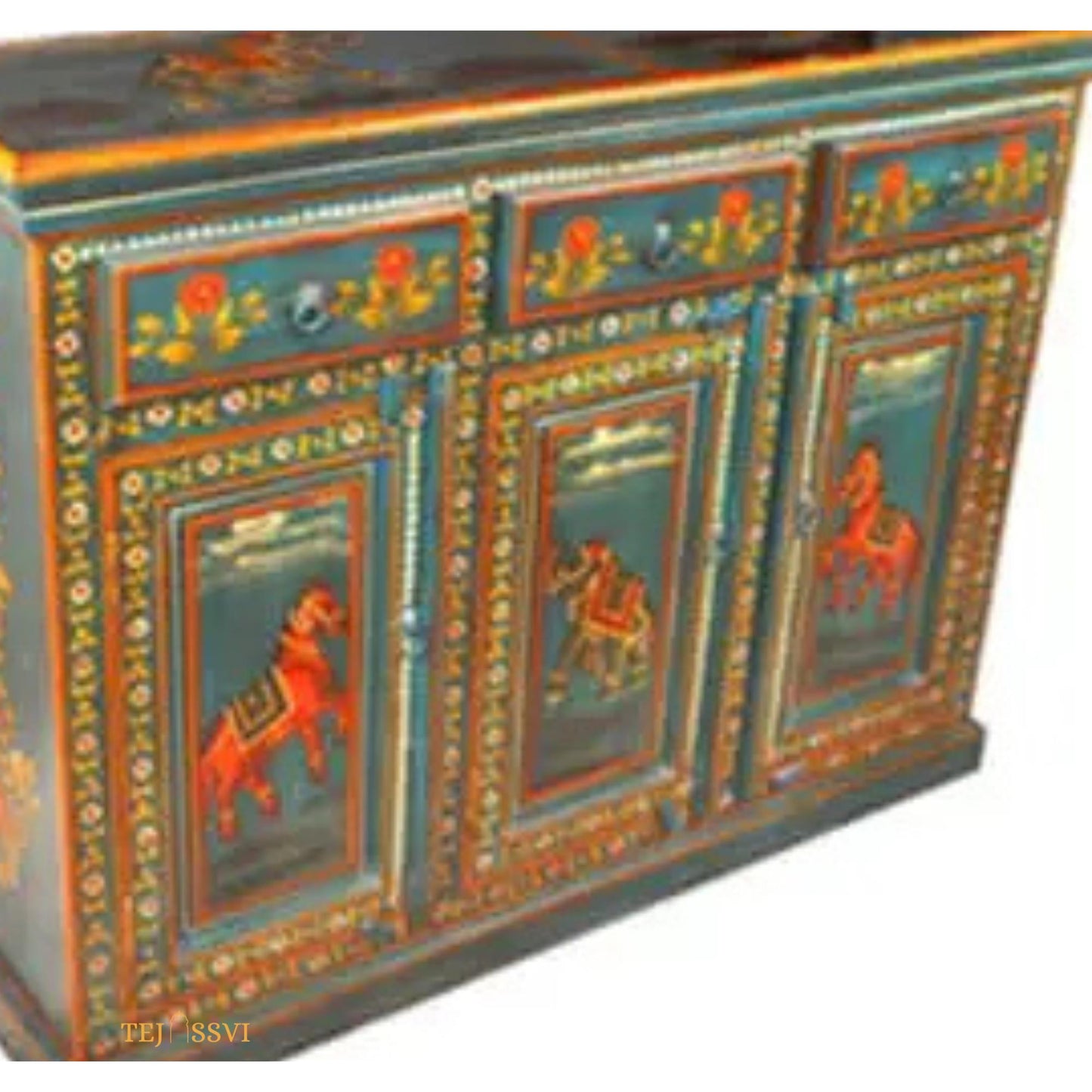 Blue Ghora Painted 3 Door Sideboard / Side Storage / Cabinet | Bedside, Side Table, Hand Painted, Wooden Big Cabinet/ Vintage Cabinet.