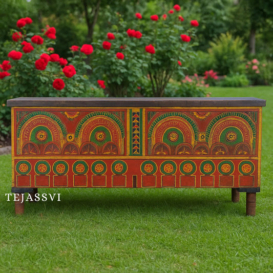 Vintage Painted chest - moroccan box old chest Cosmic Hand Carved Hand Painted Colourful Storage Trunk Table, Bed Side Table, Center Table,