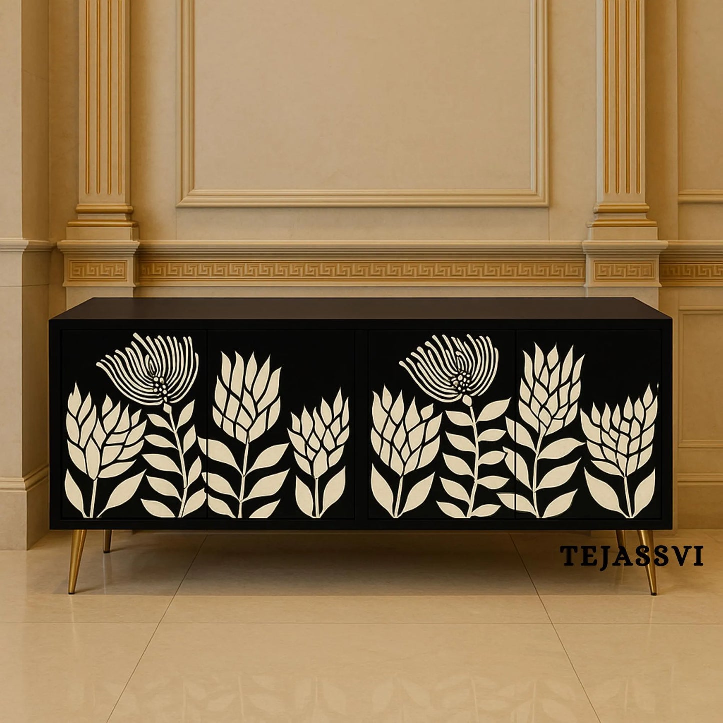 Handmade Bone Inlay Media Cabinet: Floral TV Stand with Storage/ bone inlay luxury furniture / bone inlay console /luxury cabinet .
