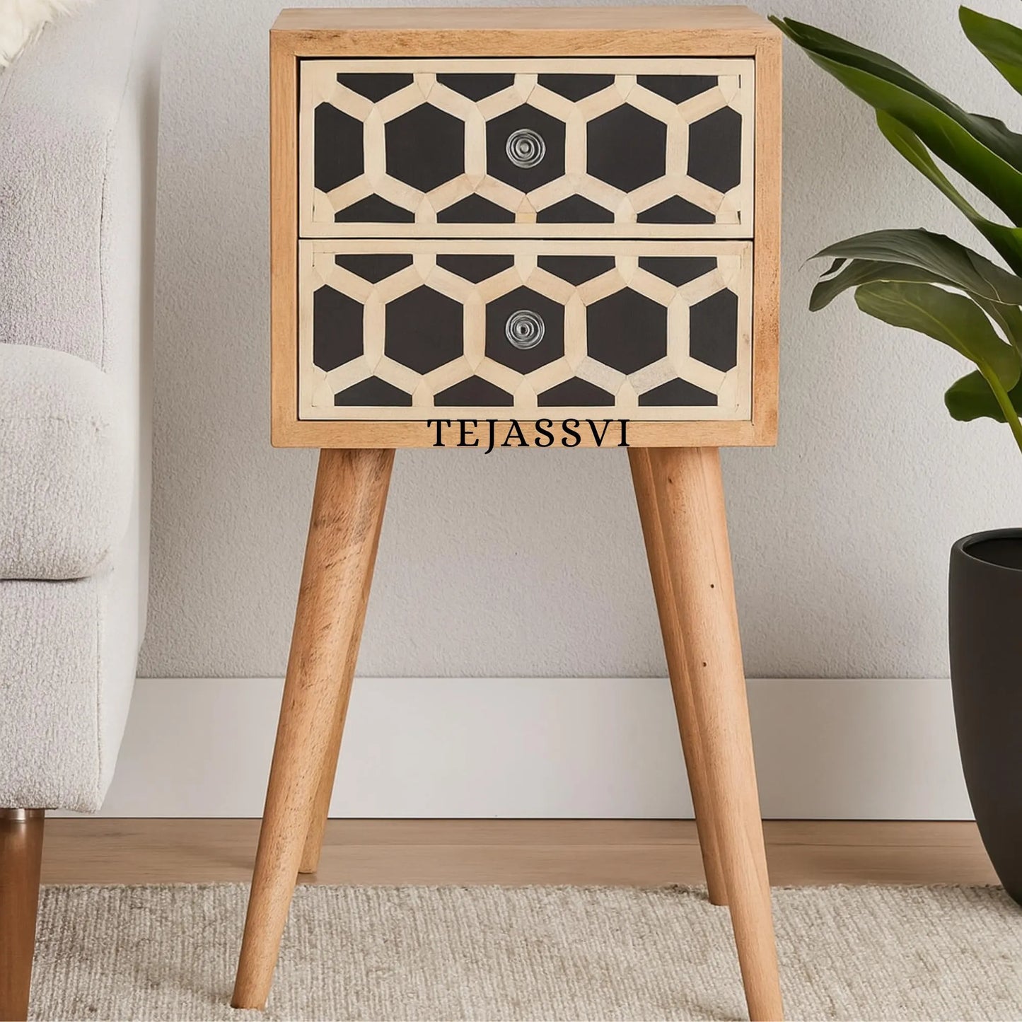 Handmade Bone Inlay Bedside Table: Mango Wood Nightstand and bone inlay bedside table / wooden bedside table / bone inlay 2 drawer bedside .