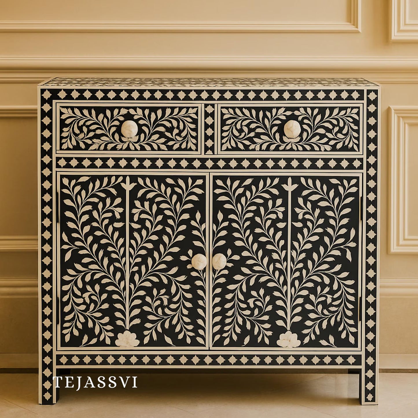 Bone Inlay Floral Design Entryway Cabinet Black | Bone Inlay 2 Drawer Cabinet,Inlay Chest of Drawers,Bone Inlay Dresser,Bone Inlay Sideboard