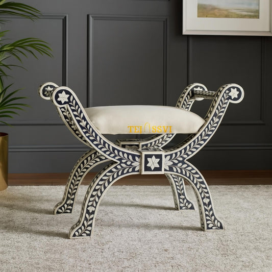 HANDMADE BONE INLAY Floral Black Jenny Stool | Bone Inlay chair | Modern Luxury Furniture