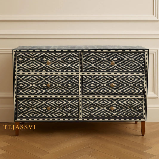 Dark Blue Bone Inlay Dresser: Diamond Floral Pattern 6-Drawer Chest / bone inlay sideboards / bone inlay console / bone inlay furniture