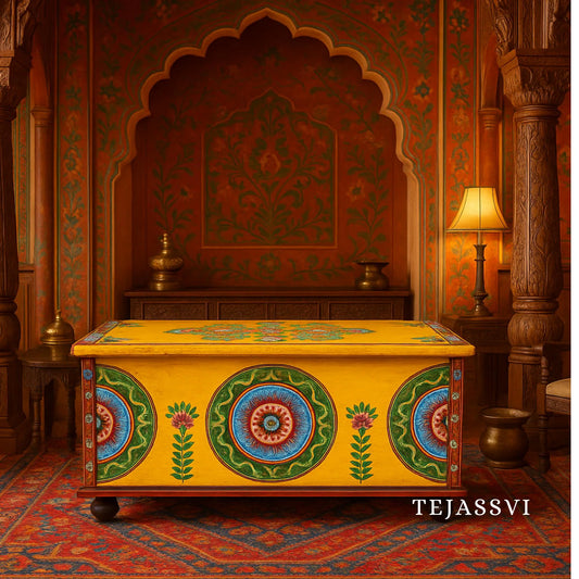 Wooden Cosmic Hand Carved Hand Painted Colourful Storage Trunk Table, Blanket Storage Unit, Bed Side Table, Carved Bench, Center Table.