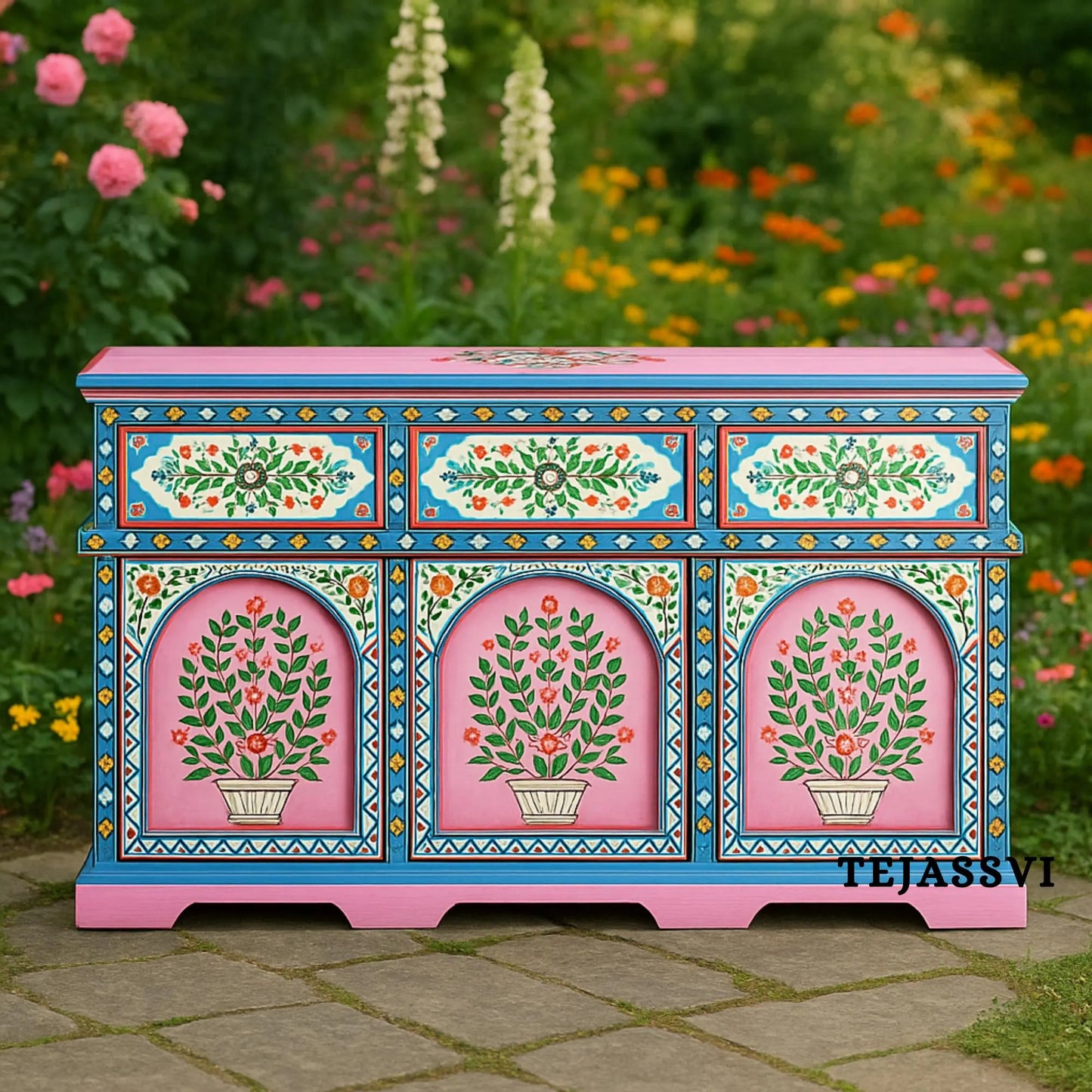 Pink Painted 3 Door Sideboard / Cabinet | Bedside, Side Table, Hand Painted, Wooden Big Cabinet, Living Room Furniture, Fine Painting.