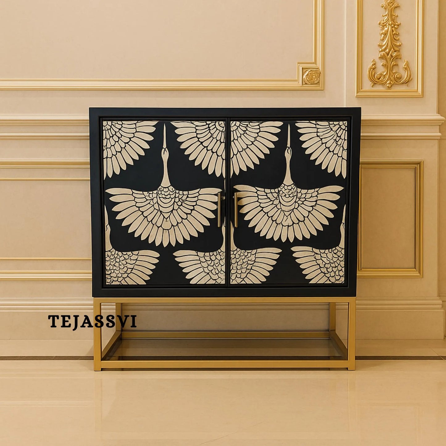 Bone Inlay Swan Cabinet: Navy Blue Indian Art Sideboard/ bone inlay side boards / bone inlay cabinet and console luxury furniture .