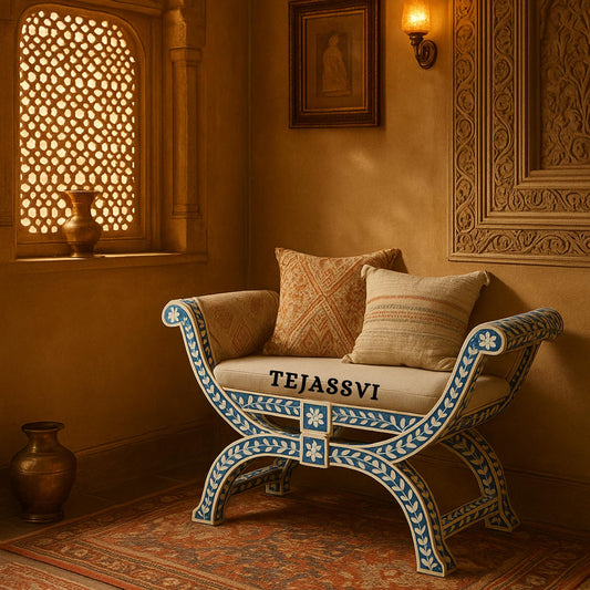 Handmade Bone Inlay Stool: Floral Blue Jenny Chair, Modern Accent Furniture