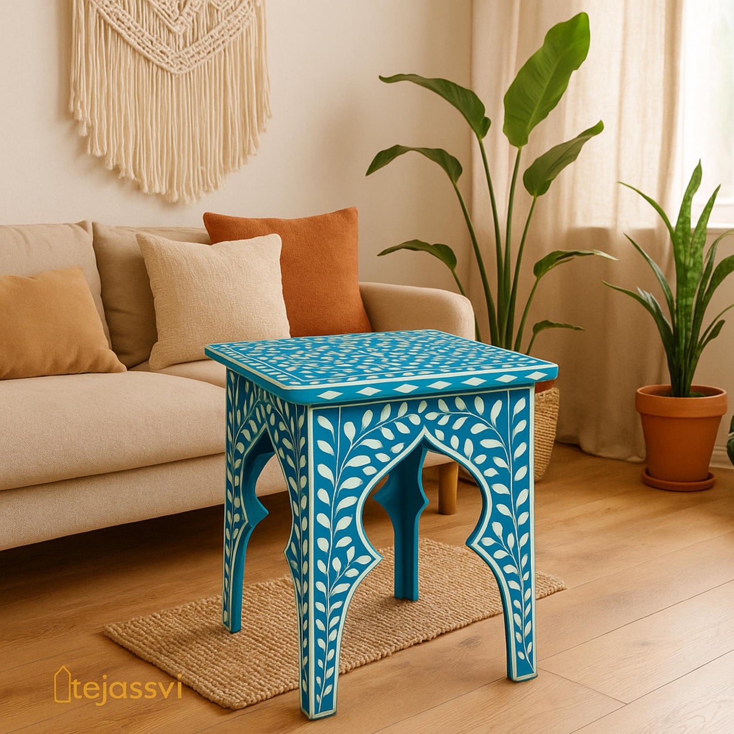 Handmade Blue Bone Inlay Table | Bone Inlay stool | Bone inlay floral side table | Bone Inlay Antique Corner Table, Modern Luxury Furniture