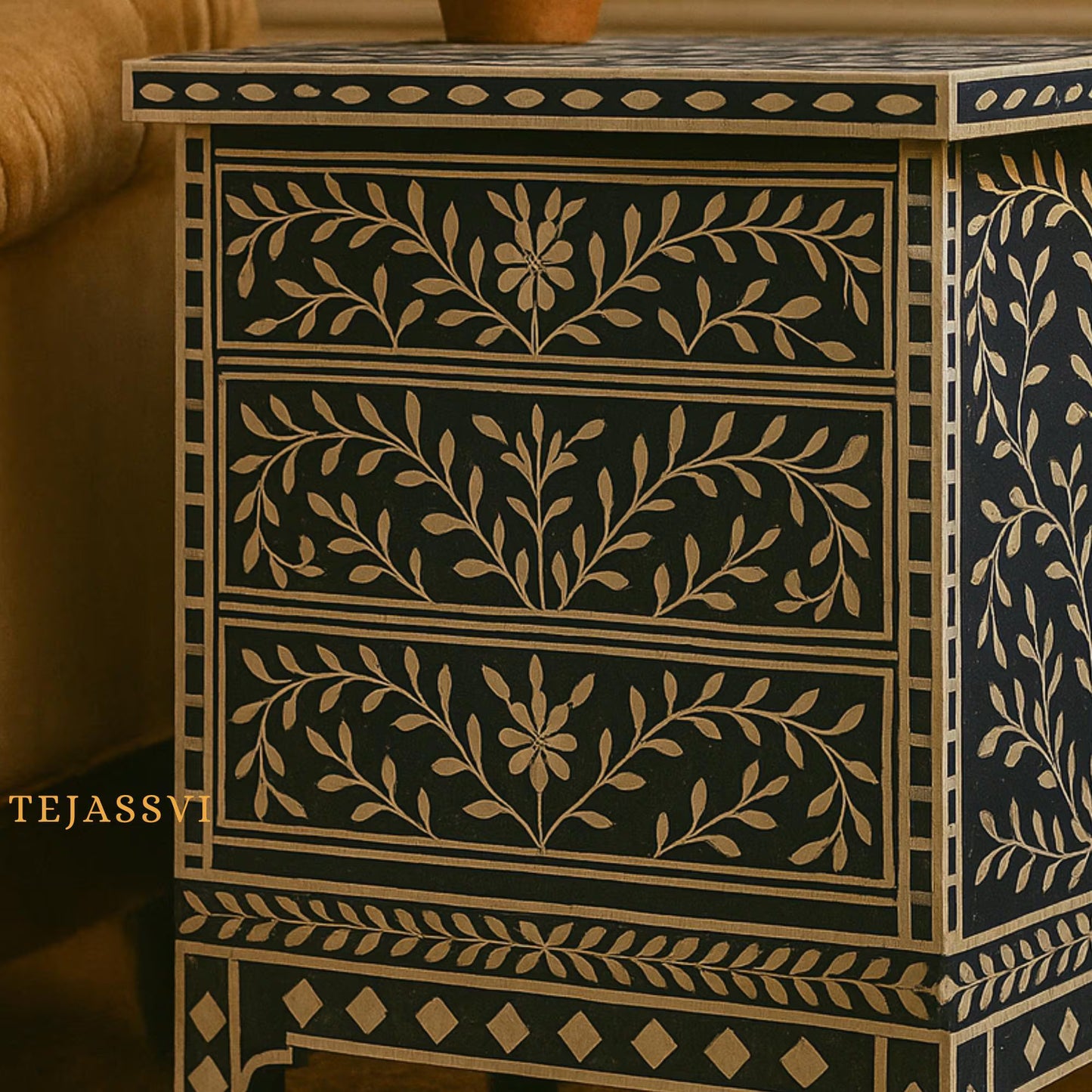 Bone Inlay 3-Drawer Nightstand in blue Color | Handmade Bone Inlay Lamp Side Table /Bedside table /Chest of 3-Drawer Bone Inlay furniture