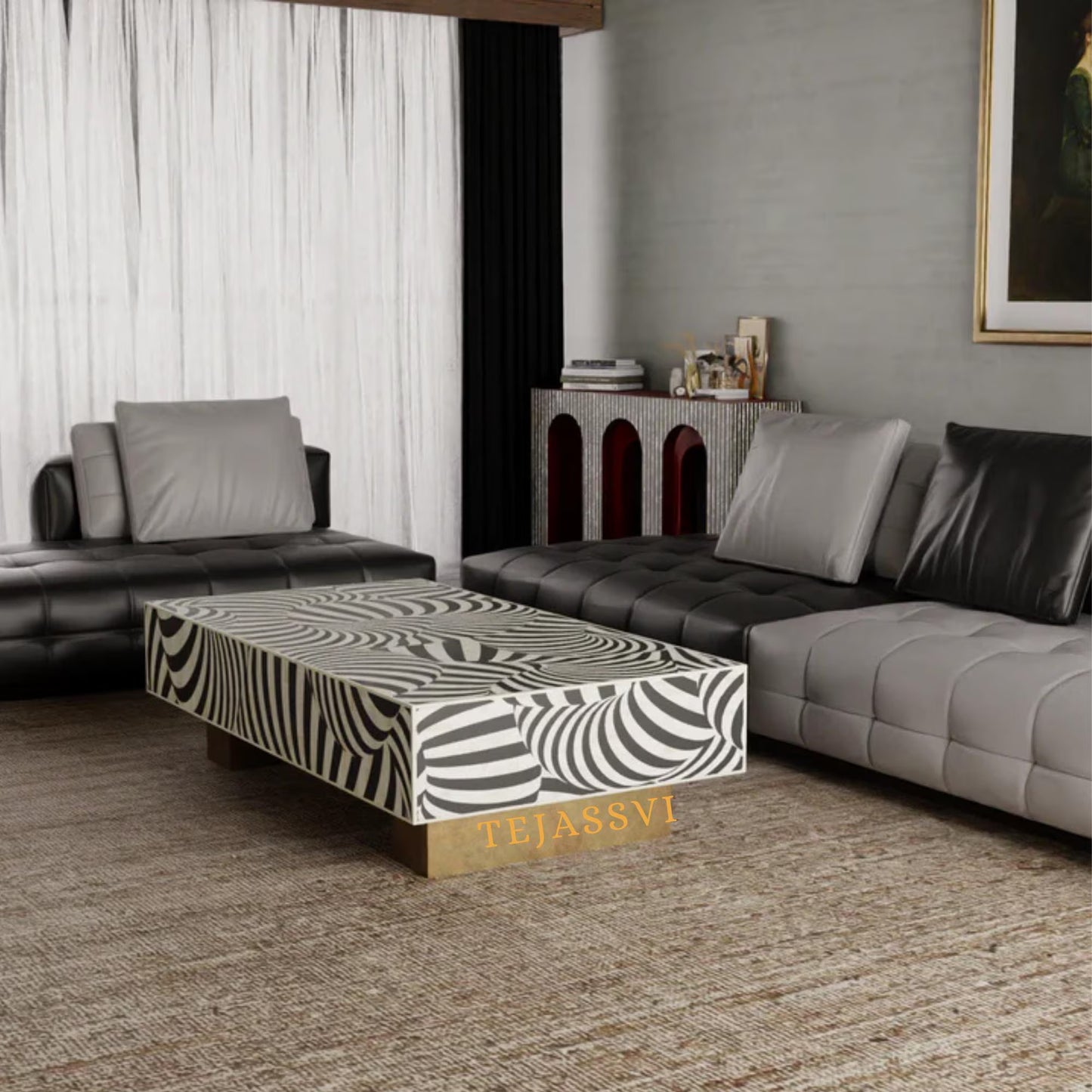 BONE Inlay Coffee Table / Centre Table, Bone Inlay Honeycomb Coffee Table Handmade Bone Inlay Modern Pattern Furniture