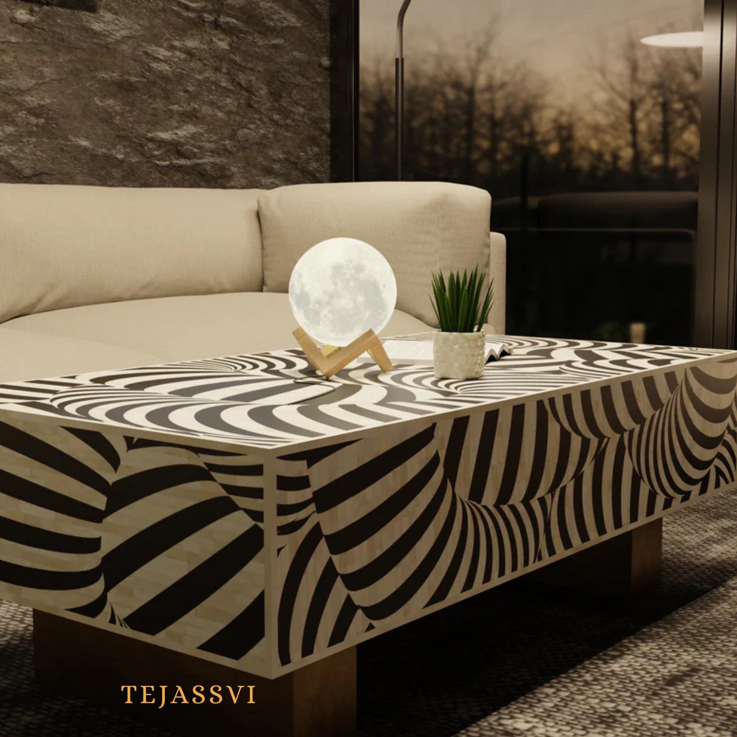 BONE Inlay Coffee Table / Centre Table, Bone Inlay Honeycomb Coffee Table Handmade Bone Inlay Modern Pattern Furniture