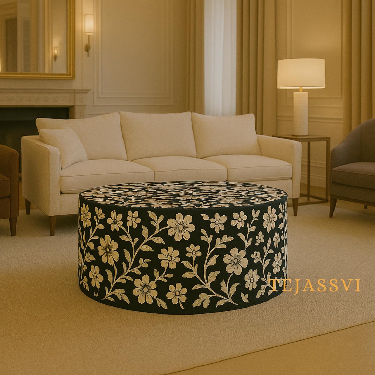 BONE Inlay Round Coffee Table / Centre Table, Bone Inlay Stripped Round Coffee Table Handmade Bone Inlay Modern Pattern Furniture