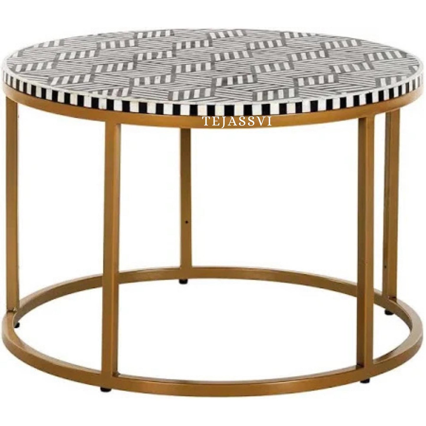 BONE Inlay Round Coffee Table / Centre Table, Bone Inlay Stripped Round Coffee Table Handmade Bone Inlay Modern Pattern Furniture