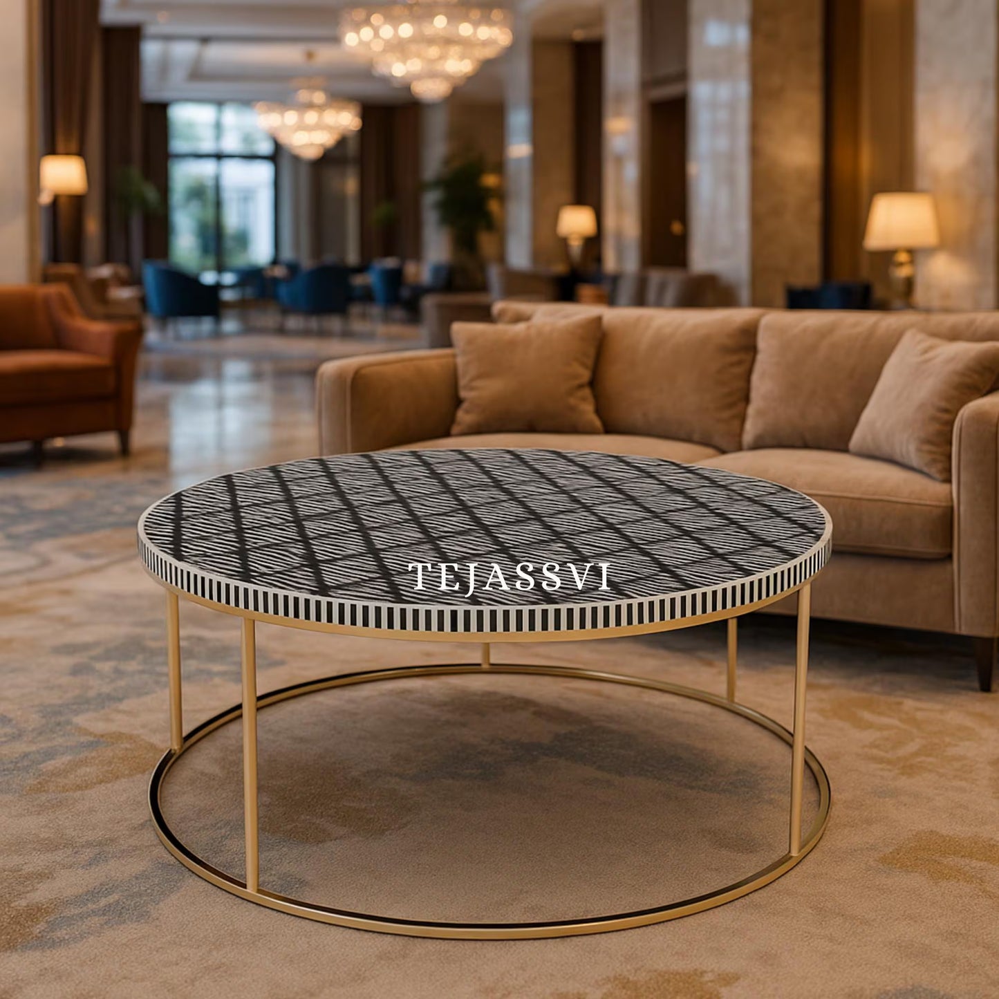 BONE Inlay Round Coffee Table / Centre Table, Bone Inlay Stripped Round Coffee Table Handmade Bone Inlay Modern Pattern Furniture