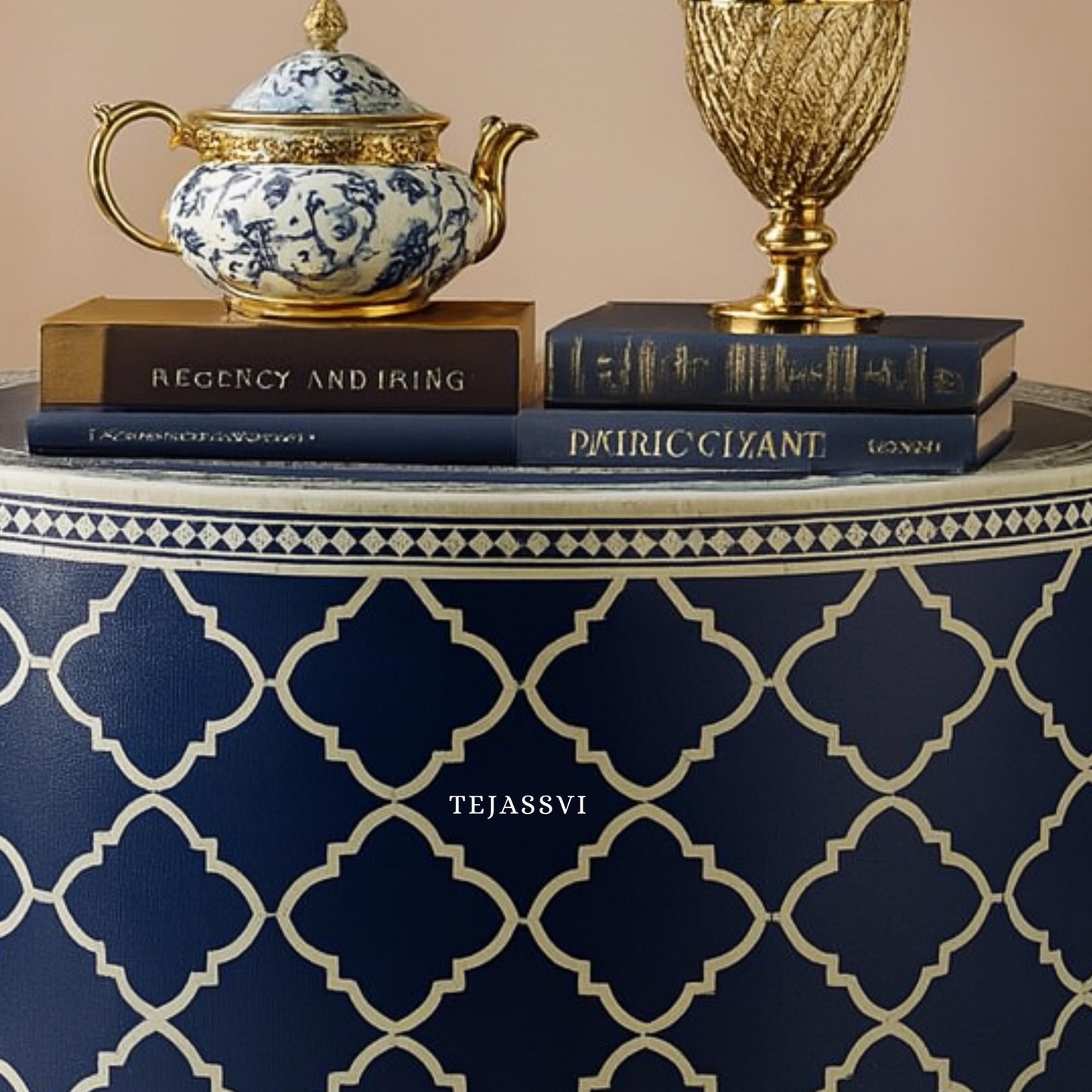 BONE Inlay Round Coffee Table / Centre Table, Bone Inlay Stripped Round Coffee Table Handmade Bone Inlay Modern Pattern Furniture