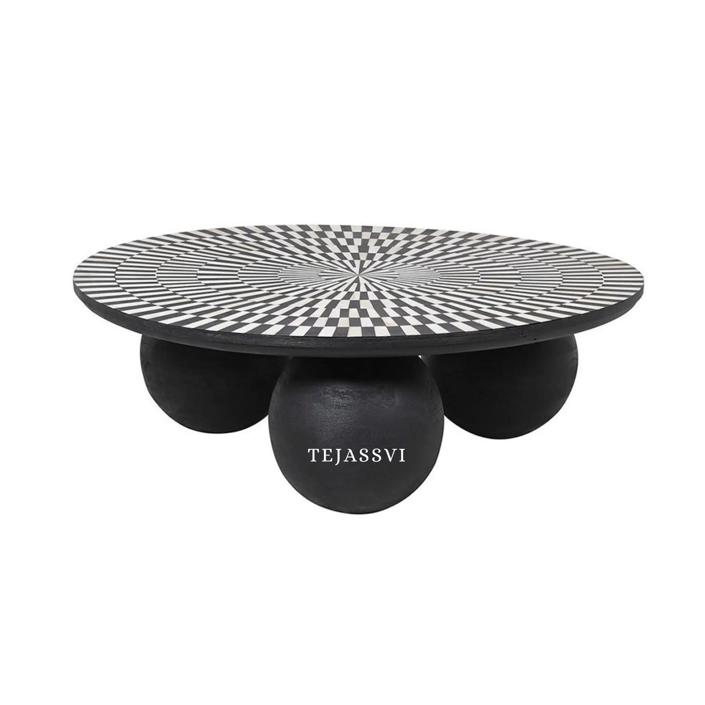 BONE Inlay Round Coffee Table / Centre Table, Bone Inlay Stripped Round Coffee Table Handmade Bone Inlay Modern Pattern Furniture