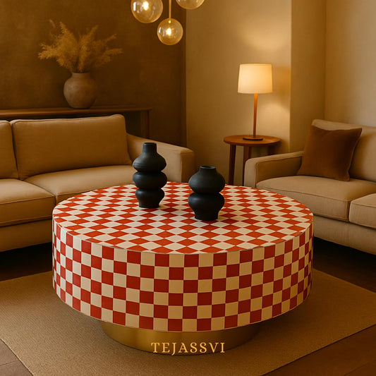 BONE Inlay Round Coffee Table / Centre Table, Bone Inlay Stripped Round Coffee Table Handmade Bone Inlay Modern Pattern Furniture