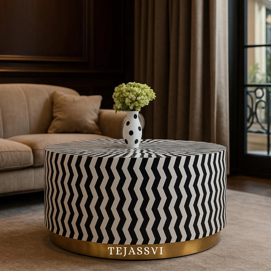 BONE Inlay Round Coffee Table / Centre Table, Bone Inlay Stripped Round Coffee Table Handmade Bone Inlay Modern Pattern Furniture