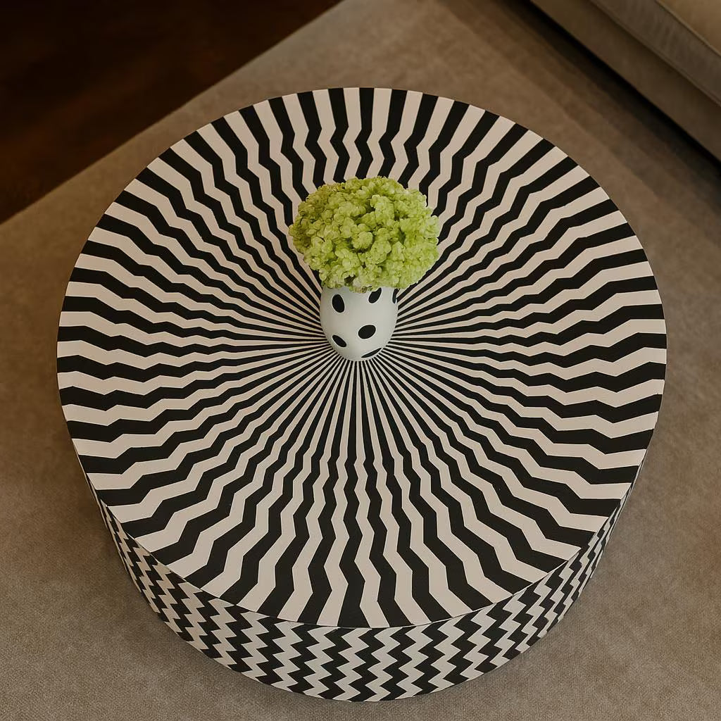 BONE Inlay Round Coffee Table / Centre Table, Bone Inlay Stripped Round Coffee Table Handmade Bone Inlay Modern Pattern Furniture