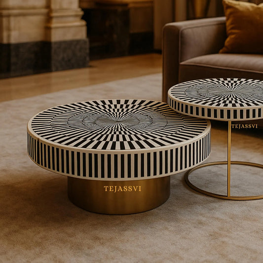 Bone Inlay Nesting Coffee Table: Black & White Waterfall Design/bone inlay round coffee table /bone inlay luxury furniture.