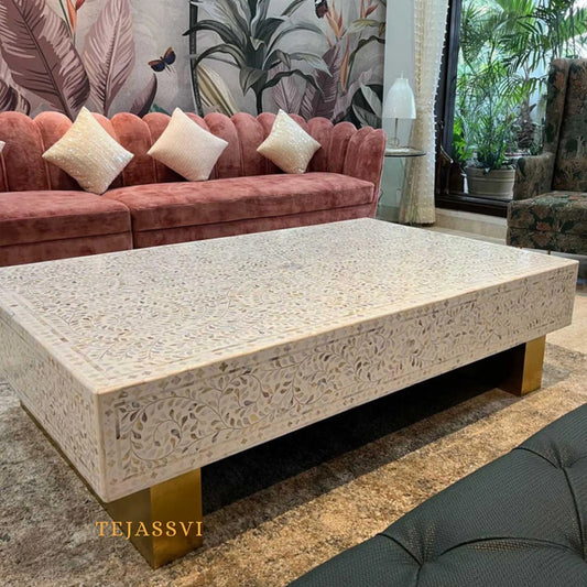 Bone Inlay Oval Coffee Table / Centre Table, bone Oval Coffee Table Handmade Mother of pearl Inlay Modern Pattern Furniture.