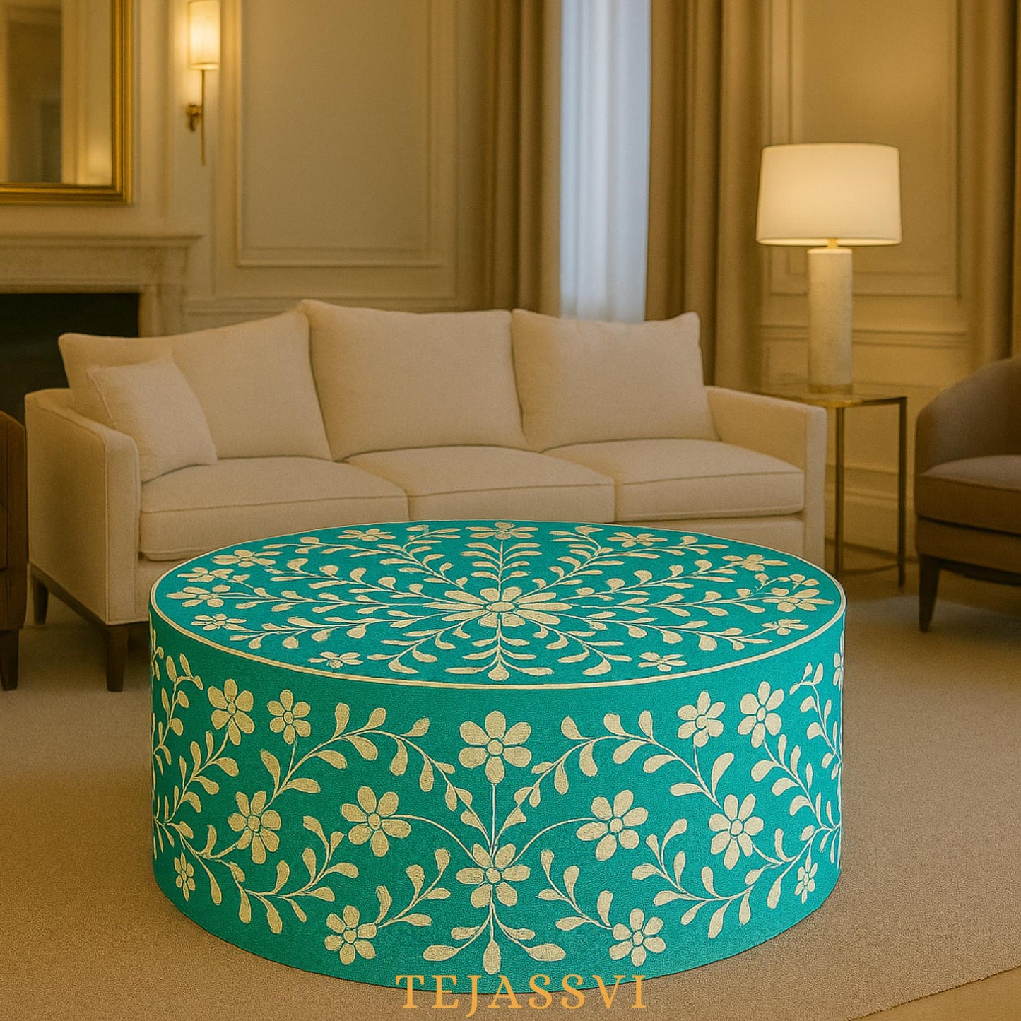 BONE Inlay Round Coffee Table / Centre Table, Bone Inlay Stripped Round Coffee Table Handmade Bone Inlay Modern Pattern Furniture