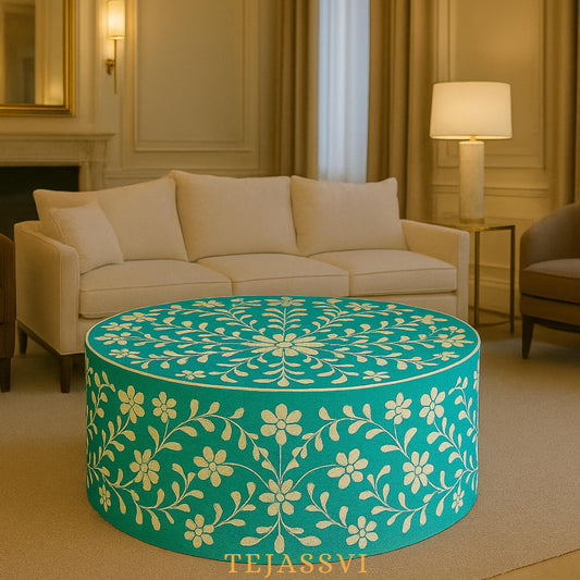 BONE Inlay Round Coffee Table / Centre Table, Bone Inlay Stripped Round Coffee Table Handmade Bone Inlay Modern Pattern Furniture