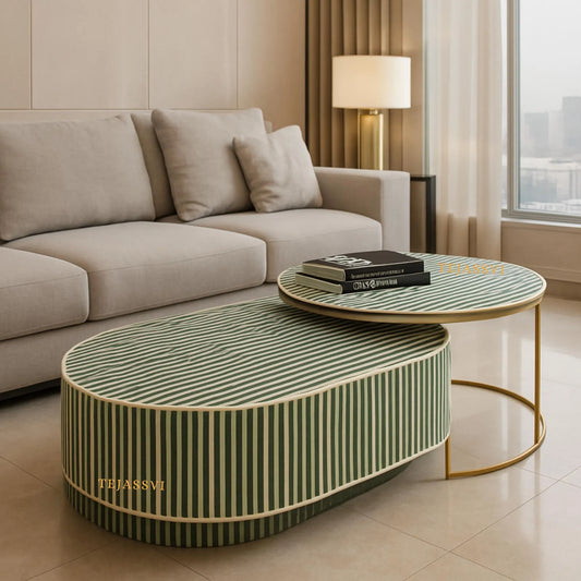 Bone Inlay Nesting Coffee Table: Handmade Waterfall Center Table/wooden coffee table / bone inlay furniture.