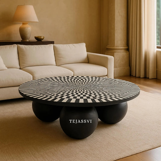 BONE Inlay Round Coffee Table / Centre Table, Bone Inlay Stripped Round Coffee Table Handmade Bone Inlay Modern Pattern Furniture
