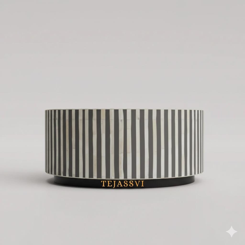 Handmade Bone Inlay Gray Color Coffee Table: Strip Design Center Table /coffee table /bone inlay coffee table /Round coffee table Gray color