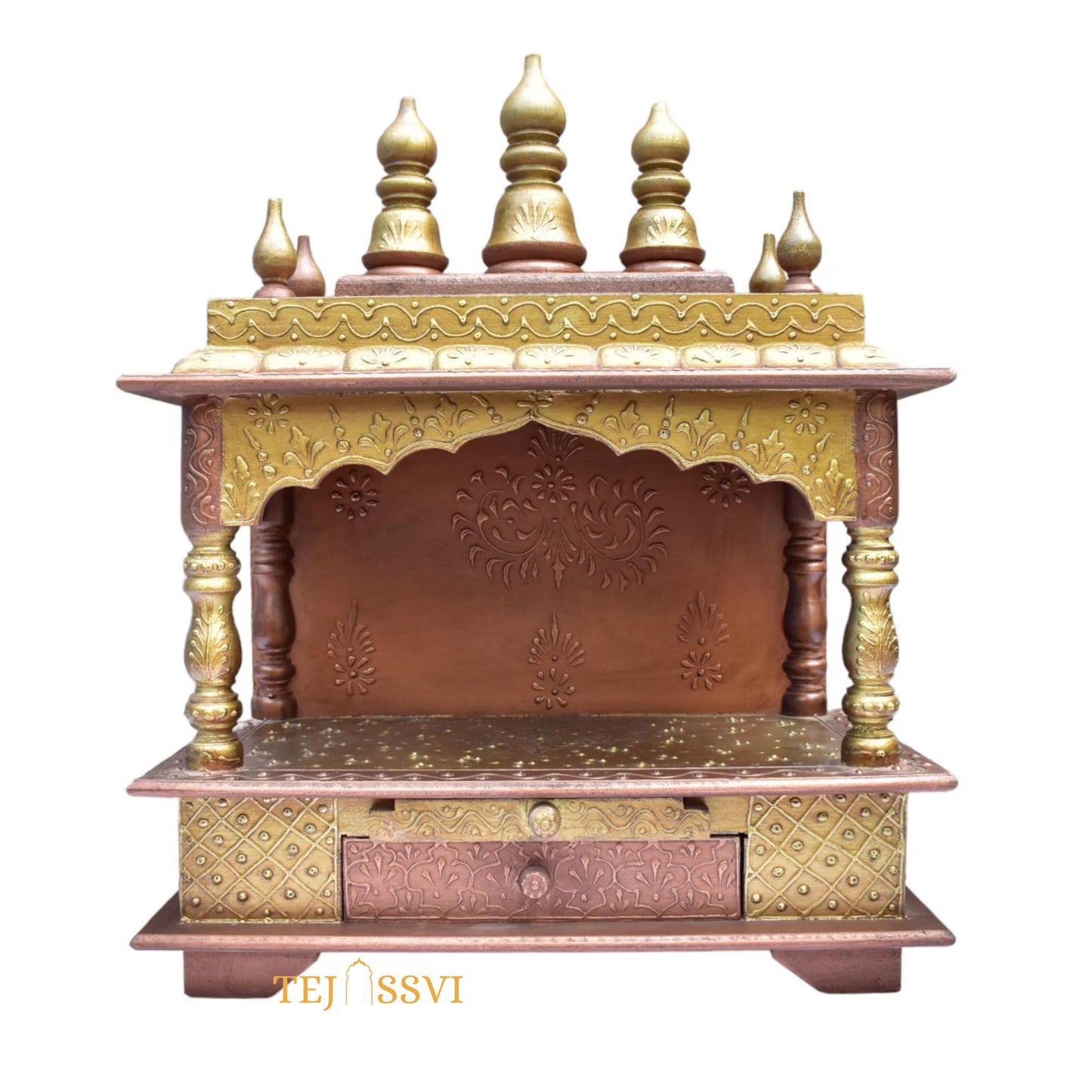 Copper Gold Wooden Open Temple Pooja Mandir | Beautiful Wall Hanging Small Wooden Temple for Home | Wooden Prayer Room, Alter, Pooja Ghar