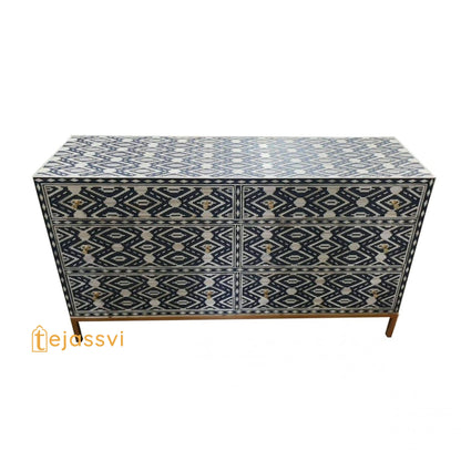 Wooden Dark Blue Bone inlay Diamond pattern 6 chest of drawers/Inlay 6 Drawer Dresser/Bone inlay Floral Pattern 6 Drawers/Chest of Drawers.