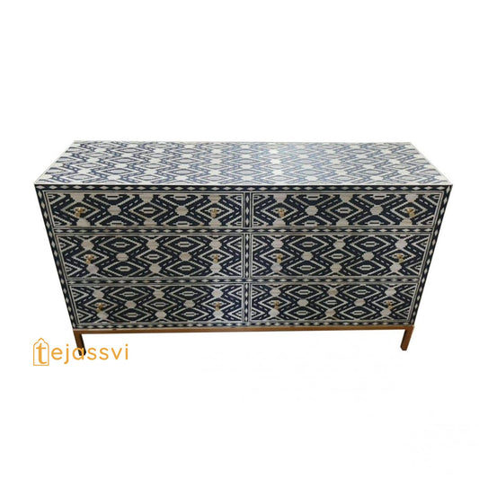 Wooden Dark Blue Bone inlay Diamond pattern 6 chest of drawers/Inlay 6 Drawer Dresser/Bone inlay Floral Pattern 6 Drawers/Chest of Drawers.