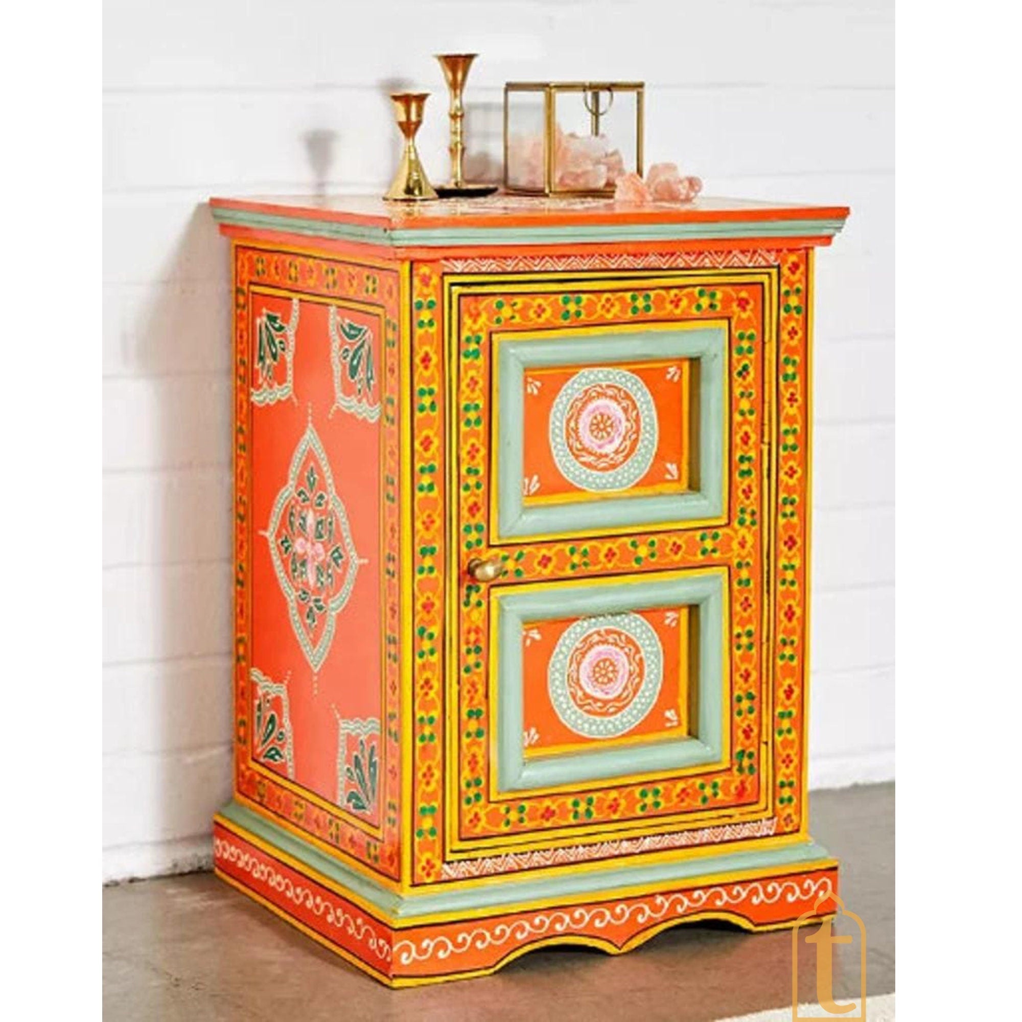Hand-painted Bedside Wooden Table in Rajasthani Artistry with Uniquely Designed Beautiful / Side Table / Indian Flower Stand Table / Nightstand.