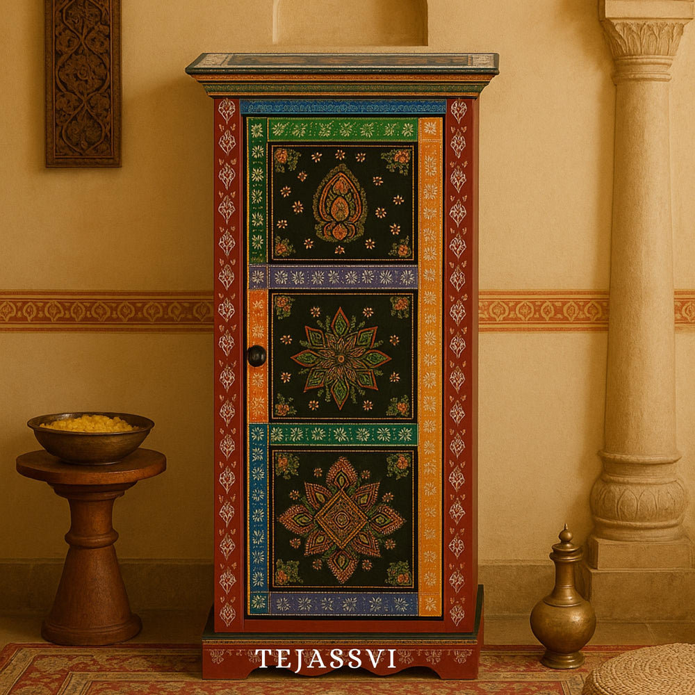 Indian Hand Painted Solid Wood Hand-Painted 1 Door Wardrobe / Wooden Handmade Indian Painted Wooden Small Cabinet / Wooden Wardrobe.
