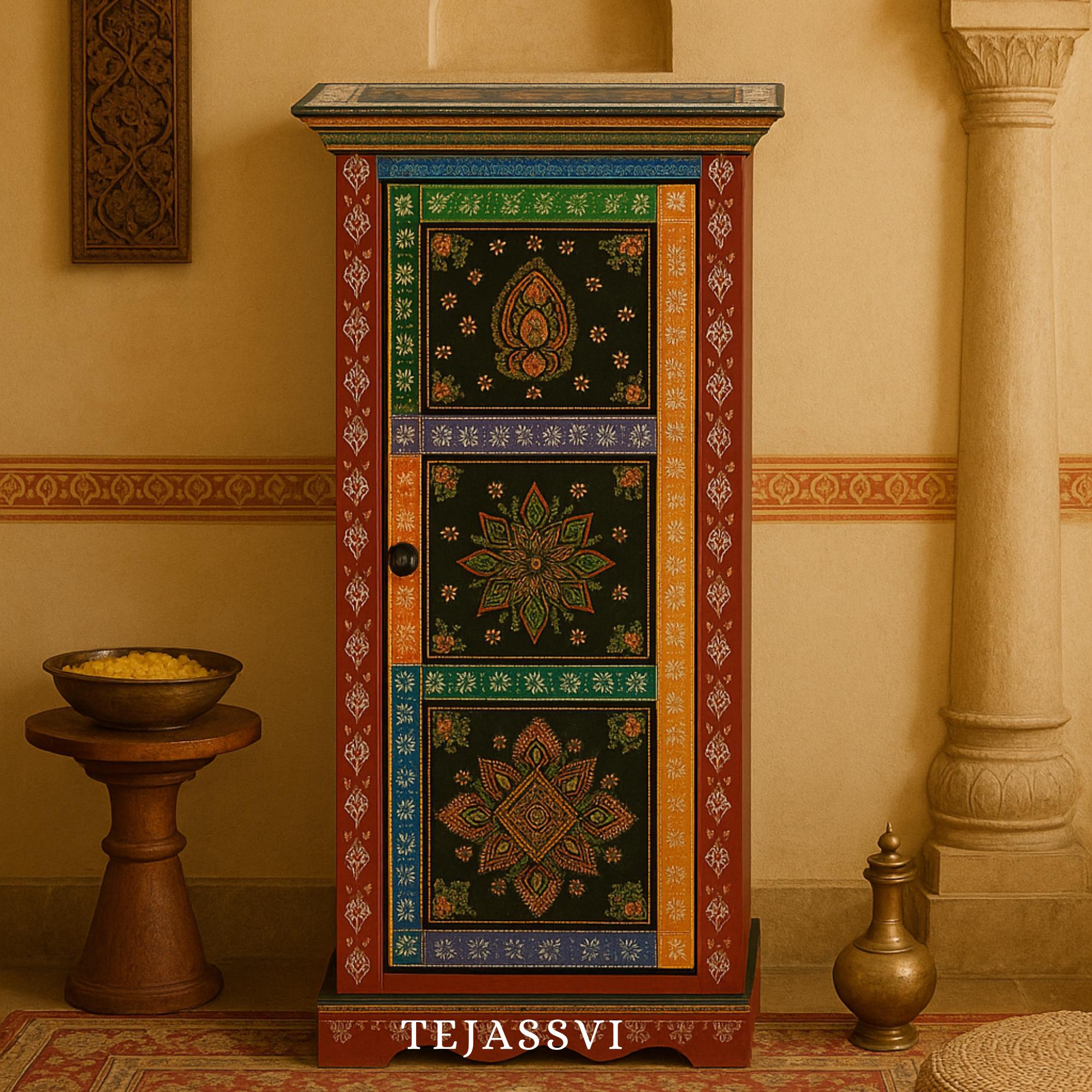 Indian Hand Painted Solid Wood Hand-Painted 1 Door Wardrobe / Wooden Handmade Indian Painted Wooden Small Cabinet / Wooden Wardrobe.