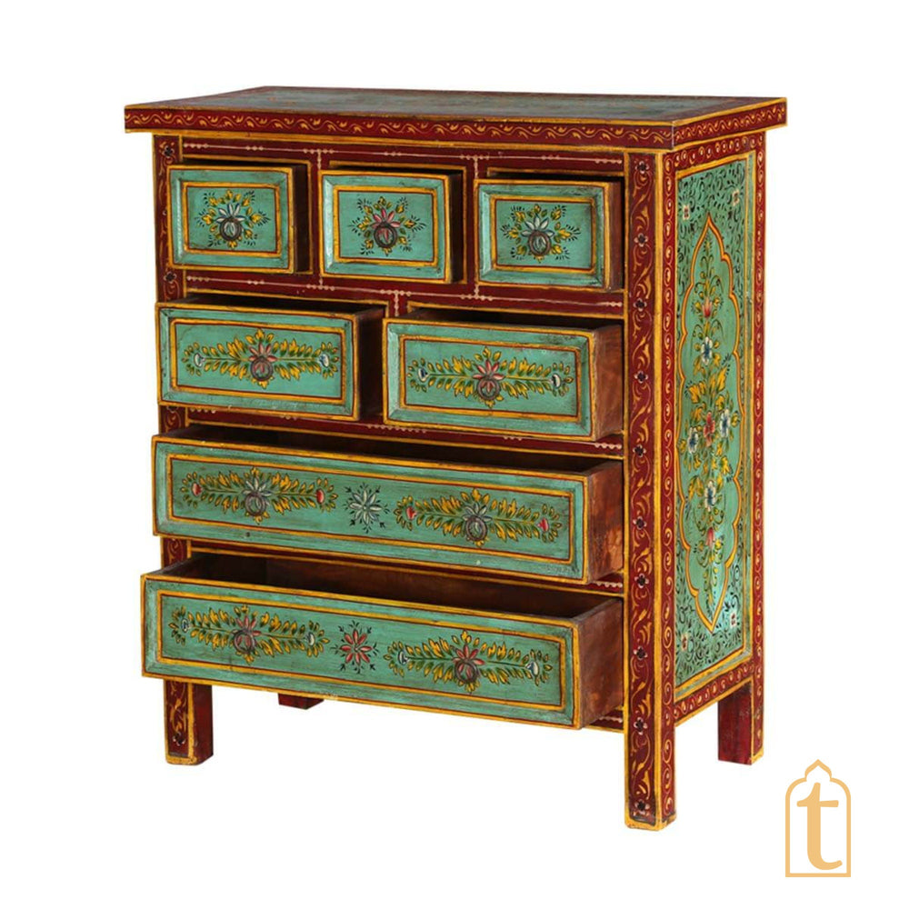 Indian Hand Painted Green Garden Mango Wood Chest of 7 Drawers / Large Chest of Drawer for Living Room | Traditional Side Table with Drawers.