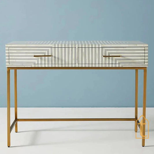 Wooden Bone Inlay Console Table | Hall-Way Entry Table | Bone Inlay 2 Drawer Console Table, Bone Inlay Stripe Desk Grey, Bone Inlay Storage.