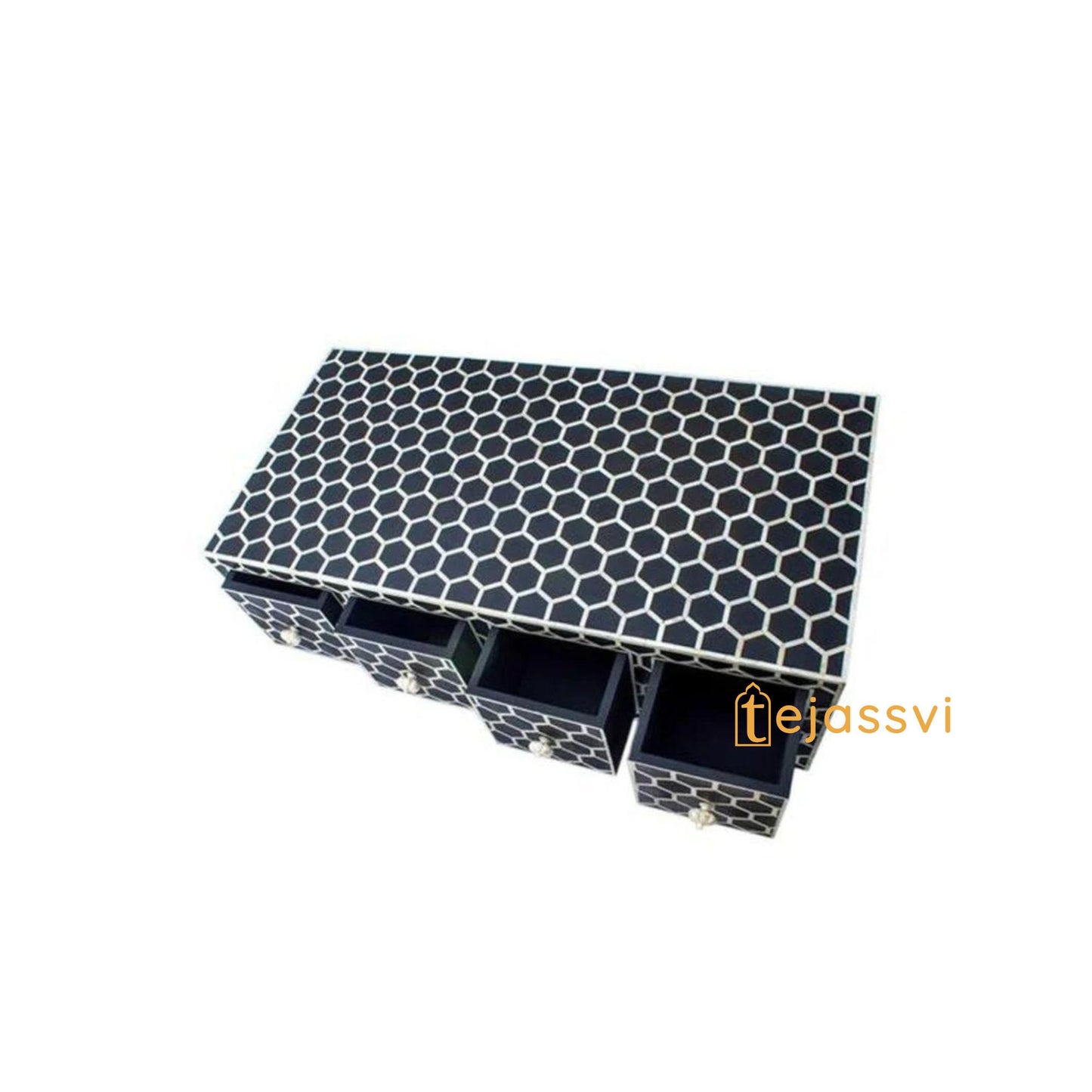 Handmade Bone inlay Coffee Table with Storage | Black Honeycomb Pattern Center table, Bone Inlay Furniture Cocktail Table, Luxury Furniture