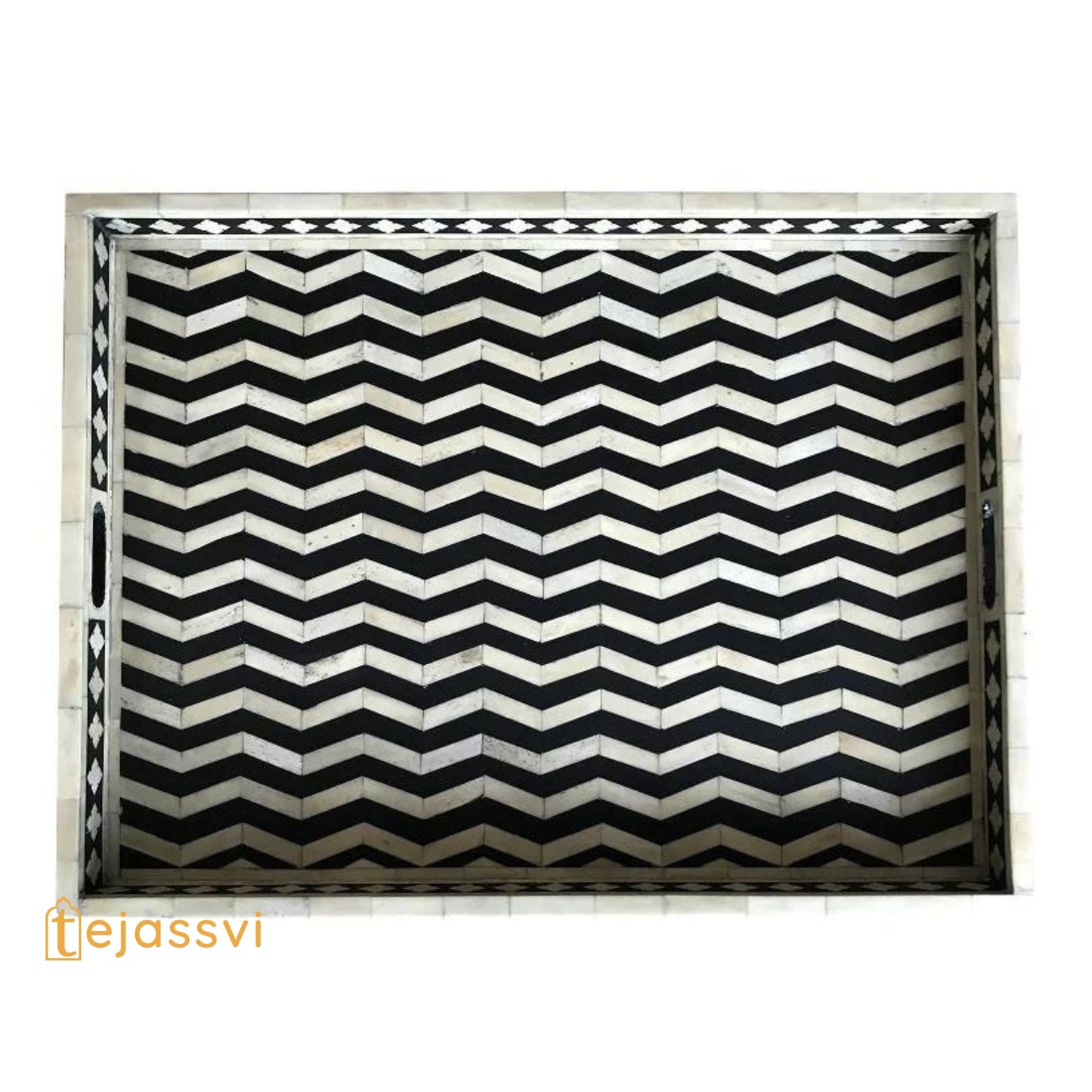 Black Rectangle Chevron Pattern Bone Inlay Tray | Black Bone Inlaid Rectangular Serving Tray
