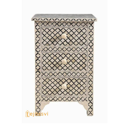 Handmade Bone Inlay 3-Drawer Nightstand in Black Color/Bone Inlay Lamp Side Table /Bedside table /Chest of 3-Drawer wooden Inlay furniture.