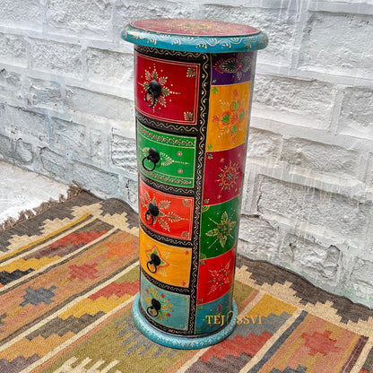 Handmade Hand Painted Round Side Table, Indian Painting Furniture Cabinet, Moroccan painted Furniture, Bedroom Furniture, Chest Of Dressers,